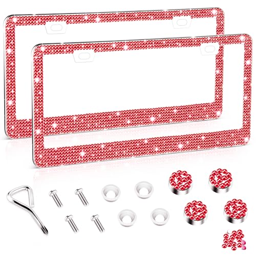 Amiss Bling License Plate Frame for Women, 2Pack Rhinestone Handcrafted Crystal Premium Stainless Steel, Stainless Steel Car Accessories with Diamond Sparkle Glitter Caps (Red) - color: Red, size: 2pc