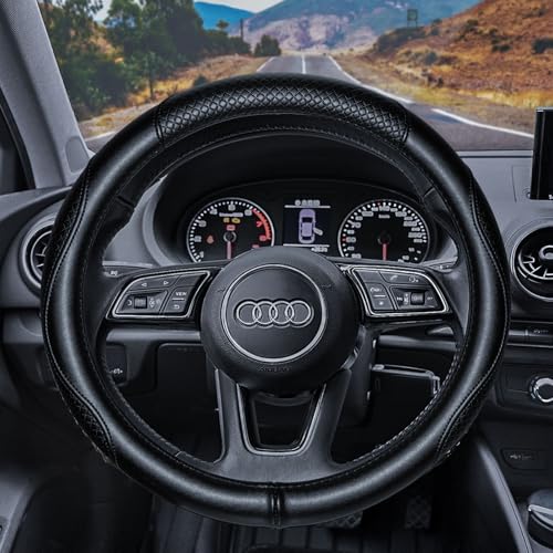 Haokay Heavy Duty Pure Cowhide Steering Wheel Cover, Genuine Leather Steering Cover with 15 Inches Universal Fit - color: BLACK-6
