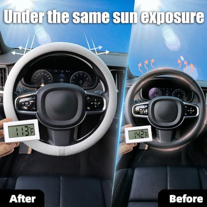 Universal 15 Inch Steering Wheel Cover for Cooling, Non-Slip Breathable Cooling Car Steering Wheel Cover with Upgraded Silicone Inner Ring for Round/D Shape, Warm in Winter Cool in Summer, White Gray - color: Silver Gray