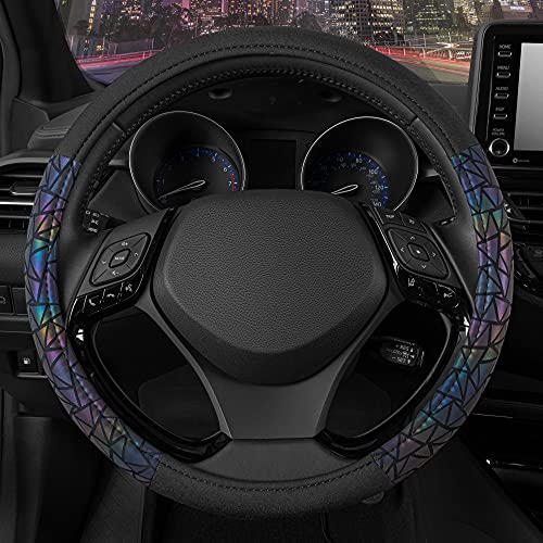 BDK Geometric Prism Sparkle Glitter Steering Wheel Cover - Car Steering Wheel Cover for Women with Shiny Holo Bling Accents, Fits Most Car Truck Van SUV Wheel Sizes 14.5 to 15 inch - color: Geometric Prism