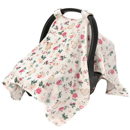 SERAPHY 100% Muslin Cotton Car Seat Covers for Babies, Universal Baby Car Seat Cover, Breathable Muslin Carseat Cover Canopies for Boys and Girls, Soft Infant Car Seat Cover for Summer — Rabbits - color: Rabbits
