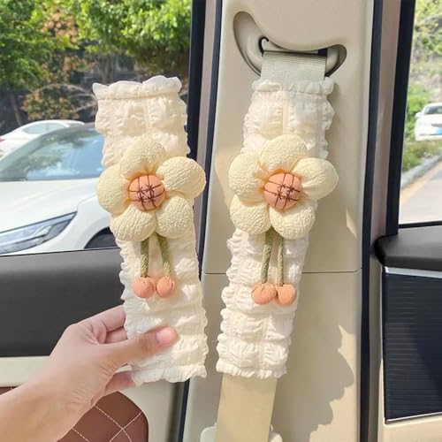 2 Pack Car Seat Belt Cover Pads, Soft Seat Belt Shoulder Pad with Petals, Cute Floral Car Seatbelt Covers Protector for Women Girls, Universal Fit for Cars (Light Yellow)