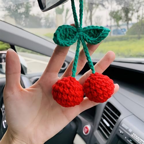 Cute Cherry Car Mirror Hanger - Crochet Hand Knitted Rear View Mirror Accessory - color: Cherry