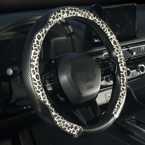 KAFEEK Leopard Print Steering Wheel Cover for Women, Classy Carbon Fiber and Soft Microfiber Leather, 15 Inch Universal Car Wheel Protector, Aesthetic Off-White Cheetah Print, Anti-Slip & Breathable