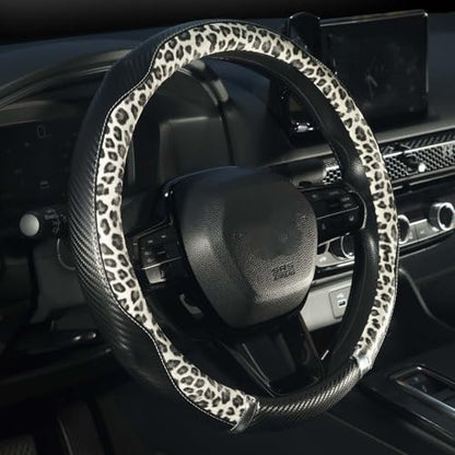 KAFEEK Leopard Print Steering Wheel Cover for Women, Classy Carbon Fiber and Soft Microfiber Leather, 15 Inch Universal Car Wheel Protector, Aesthetic Off-White Cheetah Print, Anti-Slip & Breathable
