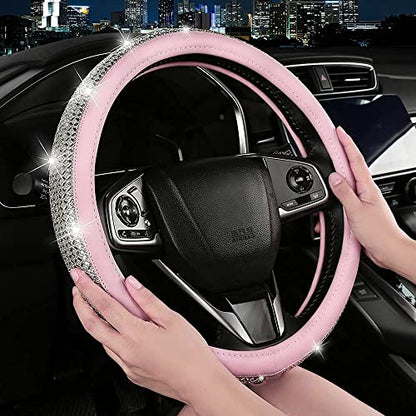 Bling Diamond Leather Steering Wheel Cover, Pink Steering Wheel Covers for Women Girls with Crystal Rhinestones, Universal Fit 14.5“-15" Car Steering Wheel Bling Cover Accessories - color: Crystal White Diamond