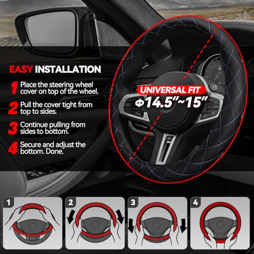 Auto Dynasty Steering Wheel Cover, Breathable Microfiber Leather Car Steering Wheel Protector with with Stylish Blue Diamond Stitch, Anti-Slip, [14 1/2 to 15 Inches] Universal Fit Cars Trucks SUVs - color: Stitched Blue