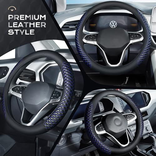 Coverado Car Steering Wheel Cover, Nappa Leather Black & Blueline Steering Wheel Covers, Universal 14-15 inch, Anti-Slip, Breathable Steering Wheel Protector for Women Men - color: C-Blue