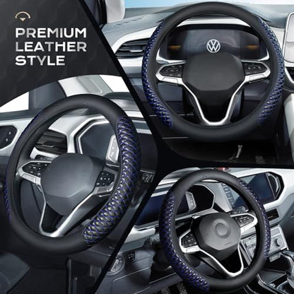 Coverado Car Steering Wheel Cover, Nappa Leather Black & Blueline Steering Wheel Covers, Universal 14-15 inch, Anti-Slip, Breathable Steering Wheel Protector for Women Men - color: C-Blue