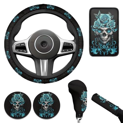 Green Rose Flower Car Accessories 6 Pcs Sets Skull Print Car Steering Wheel Cars Funny Cars Armrest Cover Handbrake Cover Auto Interior Sets - color: green rose skull
