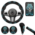 Green Rose Flower Car Accessories 6 Pcs Sets Skull Print Car Steering Wheel Cars Funny Cars Armrest Cover Handbrake Cover Auto Interior Sets - color: green rose skull