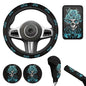 Green Rose Flower Car Accessories 6 Pcs Sets Skull Print Car Steering Wheel Cars Funny Cars Armrest Cover Handbrake Cover Auto Interior Sets - color: green rose skull