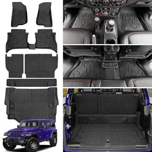 Cargo Mat with Floor Mat Compatible with 2021-2025 Jeep Wrangler JL Unlimited 4XE 4 Door, Floor Liner Seat Back Cover TPE Rear Cargo Liner for 2024 Jeep Wrangler JL/JLU Accessories - color: Cargo Mat+Seat Back Cover+Floor Mat, size: For 21-25 JLU 4XE