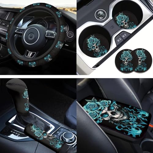 Green Rose Flower Car Accessories 6 Pcs Sets Skull Print Car Steering Wheel Cars Funny Cars Armrest Cover Handbrake Cover Auto Interior Sets - color: green rose skull