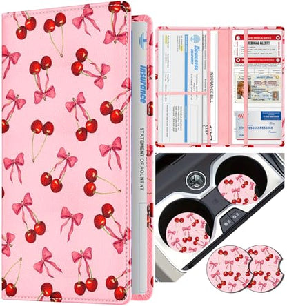 Slohif Car Registration and Insurance Holder - Cherry Vehicle Glove Box Organizer Women with Magnetic Shut Leather Automobile License Holders Coasters Auto Accessories Case for Document - color: Cherry Bow