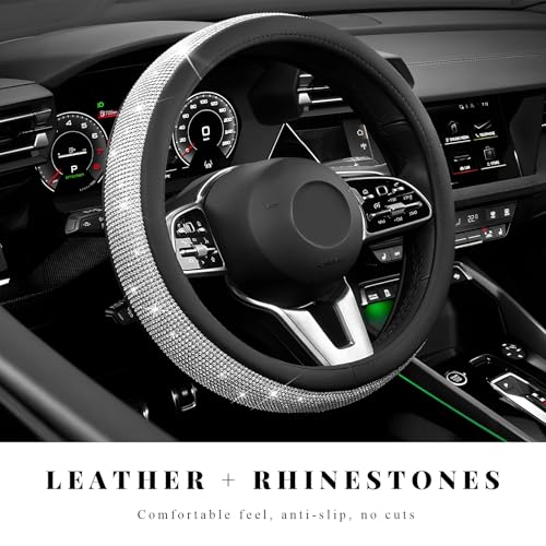 Diamond Leather Steering Wheel Cover, 15 Inch Bling Crystal Rhinestone Anti-Slip Wheel Protector, Universal Sparkling Elegant Diamond Steering Wheels Cover for Women Girl (White) - color: White
