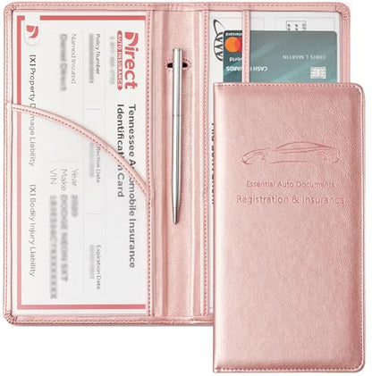 Yarnic Car Registration and Insurance Holder, Car Document Holder with Magnetic Closure, Car Wallet for Driver License, Cards and other Essential Documents (Rose Gold) - color: rosegold