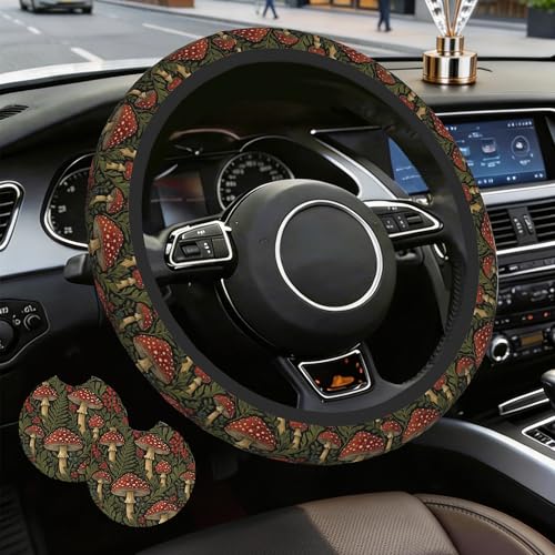Vintage Mushroom Steering Wheel Cover with 2 Car Coasters,Berry with Leaves Anti-Slip Steering Wheel Cover,Elastic Breathable Car Interior Accessories,Universal 14.5"-15" Fit Auto,SUVs - color: Vintage Mushroom