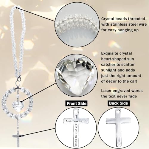 Bible Verse Car Rearview Hanging Cross, Bling Suncatcher Crystal Car Charm Mirror Hanger, 'I Am with You Always' Matthew 28:20, Christian Cross for Car Accessories Ornament Religious Gift for Women