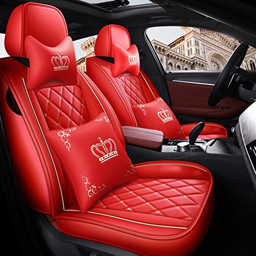 Crown Car Seat Covers Full Set, Premium Leather Waterproof Anti-Slip Automotive Interior Protector for Cars, SUVs, Pickup, Trucks & Sedans (Red) - color: Red
