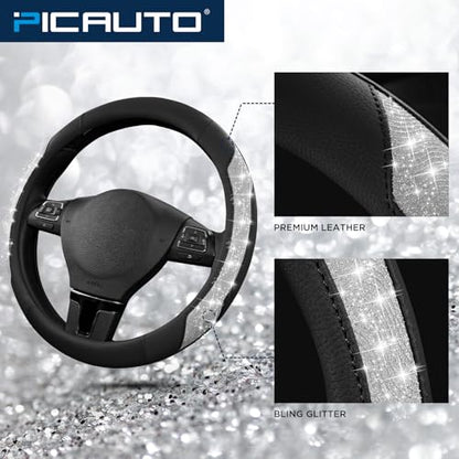 PIC AUTO Steering Wheel Cover, Silver Sparkly Crystal Bling Glitter with Leather, Universal Fit 14.5"-15.5" Car Steering Wheels for Girls & Women, Anti-Slip Wheels Cover for Cars, Trucks, Van, SUVs - color: Silver Glitter