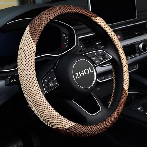 ZHOL Steering Wheel Cover Universal 15 inch Microfiber Breathable Ice Silk Steering Wheel Covers Anti-Slip Car Interior Accessories for Women Men, Warm in Winter and Cool in Summer, Beige&Brown - color: Brown Beige
