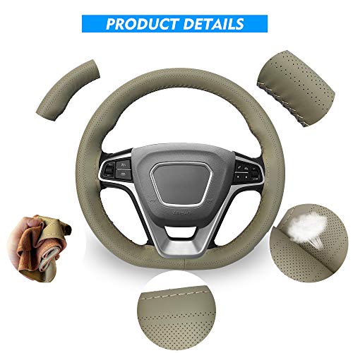 Carodi Leather Steering Wheel Cover, Breathable Non-Slip Design, Soft and Comfortable Feeling, Universal 15 Inch Auto Car Steering Wheel Stitch on Wrap（Size M,Beige） - color: Beige, size: M