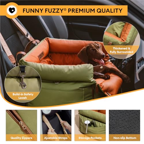 FUNNYFUZZY Luxury Dog Car Seat for Small Medium Dogs Under 35 lbs, Waterproof Leather Pet Booster Seat with Safety Leash & Anti-Slip Base, Fully Padded Dog Car Bed, Portable Puppy Carrier(Green)