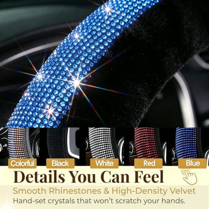 Bling Steering Wheel Cover for Women Girls, Blue Rhinestone Diamond Sparkling Fur Fluffy Steering Wheel Accessories Elastic Steering Wheel Covers Winter Warm Universal Fit 14-15 inches - color: Dark Blue