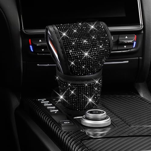 Bling Auto Gear Shift Knob Cover, Car Shifter Cover, Sparkly Crystal Rhinestones Gear Shift Knob Cover for Women Girls, PU Leather Shift Gear Cover with Bling Accessories Fit Cars (Black) - color: Black