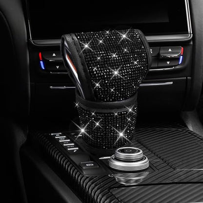Bling Auto Gear Shift Knob Cover, Car Shifter Cover, Sparkly Crystal Rhinestones Gear Shift Knob Cover for Women Girls, PU Leather Shift Gear Cover with Bling Accessories Fit Cars (Black) - color: Black