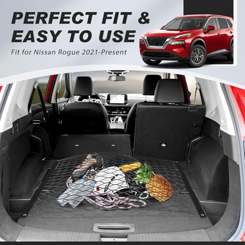 Trunk Mesh Cargo Net for Nissan Rogue 2026 2025 2024 2023 2022 2021, Floor Style Rear Trunk Cargo Net Fit Rogue Accessories, Heavy Duty Nylon Mesh Storage Netting Organizer with Hooks - size: Nissan Rogue