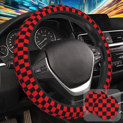 Black and Red Checkered Steering Wheel Cover with 2 Pcs Car Coasters Neoprene Steering Wheel Cover for Women Men Anti-Slip Breathable Car Accessories Universal 15 Inch Fit Auto Cars Trucks - color: Black and Red Checkered