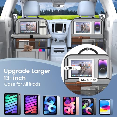 2PACK-Car Backseat Organizer with Touch Screen Tablet Holder,9 Storage Pockets Storage Organizer with Foldable Food Tray, Protector Kick Mats for Kids, Travel Accessories Organizer (Grey) - style: 2 Pack with Food Tray-Grey
