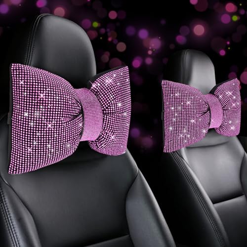 4 PCS Bling Car Pillows,Rhinestones Bowknot Car Headrest Pillow,Car Neck Pillow for Driver Relax Necksupport,Sleeping Travel Support Neck Pillow,Shiny Diamond Interior Accessories for Women,Pink - color: Pink, size: 4pcs