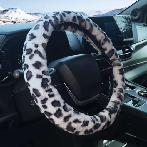 ZHOL Plush Leopard Cheetah Steering Wheel Cover, 15 Inch Universal Fit, Soft Warm Winter Cover with Non-Slip Grip, Heat & Cold Protection Easy Install Fuzzy Cover for Car SUV Truck (Black White) - color: Cheetah White