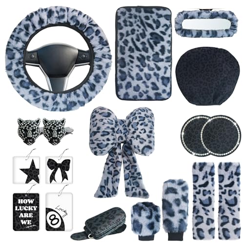 19 Pcs Fluffy Car Accessories Set,Fluffy Plush Leopard Print Steering Wheel Covers,Plush Head Pillow,Pillowcase,Eyeglasses Clip,Car Accessories for Women. (Black&Grey)