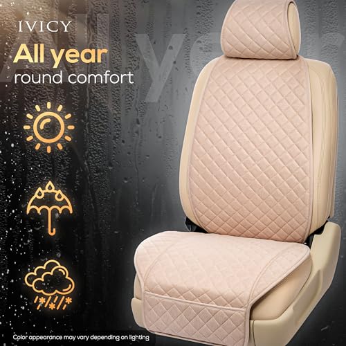 IVICY Faux Linen Front Car Seat Cover – Non-Slip Bucket Seat Protector for Most Cars, SUVs, Vans & Trucks – 1 Seat Cover, Machine Washable, Side-Airbag Friendly, Light Beige - color: BEIGE HYB LN