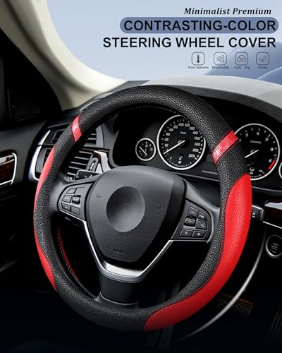 Steering Wheel Cover for Women Leather Universal Steering Wheel Cover for Car 15 inch (Red) - color: Red