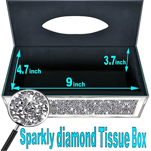 Wocred Rectangular Mirrored Tissue Box Cover,Crystal Crushed Diamond Tissue Box,Silver Luxury Tissue Holders for Either Tissues in a Bathroom or Napkins on a Table.(10”x5.7”x4”) - color: Silver