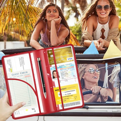 Car Registration and Insurance Card Holder, Leather License Document Red Glove Box Compartment Organizer, Car Wallet Case for Essential Info, License Cards, ID Card - color: Red