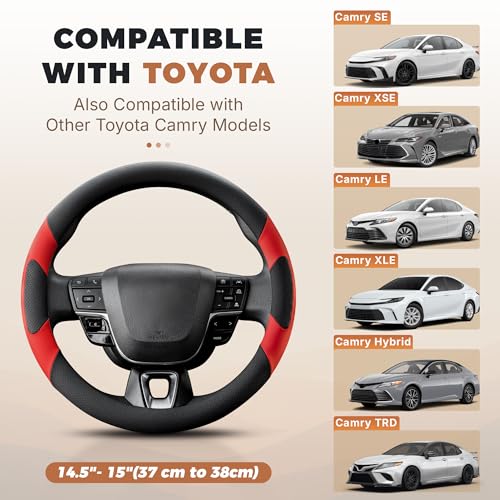 West Llama Customized Auto Car Steering Wheel Cover for Toyota Camry SE XSE Hybrid LE XLE 2006-2026, Microfiber Leather, 14.5-15inch, Black + Red - color: A-Black+Red