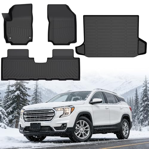 Floor Mats for GMC Terrain 2018-2024, Custom Fit Heavy Duty TPE All Weather Protection, Waterproof Non-Slip Black Car Liners for Front & Rear (Two-Row Floor Mats & Cargo Liner) - style: 07) For GMC Terrain | 2018-2024 | Full Set