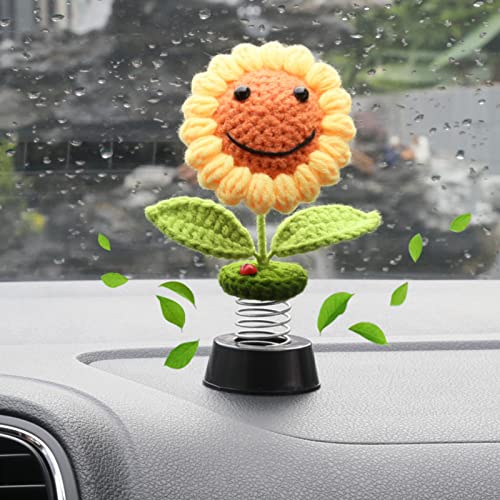 Levvohd Sunflower Car Dashboard Decorations, Dashboard Bobbleheads Knitted Flowers for Women Car Ornament Accessories (Handmade Round Eyes 1PCS) - color: Yellow Orange