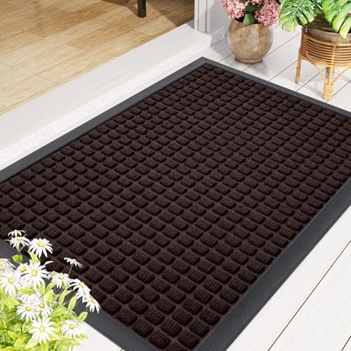 Smiry Front Door Mat Outside Entrance, Heavy Duty Natural Rubber Doormat, Non Slip, Trap Dirt and Moisture, Easy Clean, Low Profile Welcome Floor Mats for Indoor Outdoor Entry, 35x23 Inch, Brown