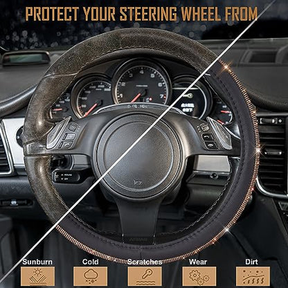 CAR PASS Bling Champagne Diamond Steering Wheel Cover, Black Leather Universal Fit 14.5-15inch Glitter Rhinestones for Women Sparkle Crystal Girly Shining for SUV,Vans,Sedan,Car,Truck, Black Champagne - color: Gold Champagne