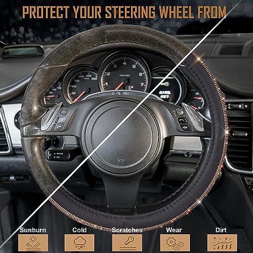 CAR PASS Bling Champagne Diamond Steering Wheel Cover, Black Leather Universal Fit 14.5-15inch Glitter Rhinestones for Women Sparkle Crystal Girly Shining for SUV,Vans,Sedan,Car,Truck, Black Champagne - color: Gold Champagne