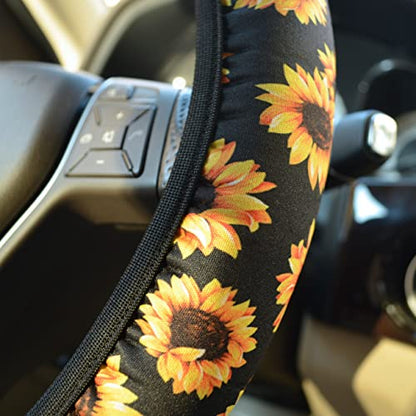 Sunflower Steering Wheel Cover Dreams Car Set: Women's Delightful Yellow Accessories with Cute Stuff Featuring Wheel Cover, Adorable Keychain,2 Car Cup Holder for a Cute and Vibrant Driving Experience - color: Sunflower