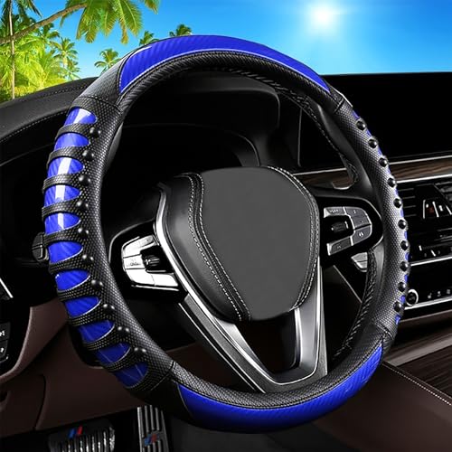 3D Massage Blue Carbon Fiber Leather Steering Wheel Cover, 14.5-15 Inch Non-Slip Breathable Microfiber Car Steering Wheel Protector - color: 3D Massage - Sports Blue
