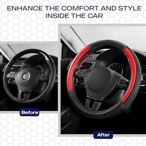Skechers Air-Cooled Steering Wheel Cover, Leather Car Steering Wheel Cover Universal Fit 14" 1/2-15" Car Wheel Protector for Men Women Fit Suvs,Vans,Sedans,Car,Trucks,Red - color: Red